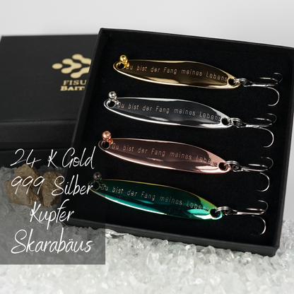 Geschenk für Angler, veredelte Angelköder mit Gravur "Du bist der Fang meines Lebens"
