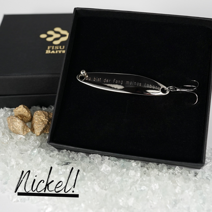 Geschenk für Angler, veredelte Angelköder mit Gravur "Du bist der Fang meines Lebens"