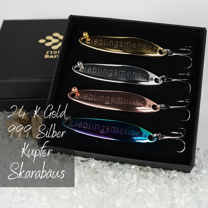 Geschenk für Angler, veredelte Angelköder mit Gravur "Lieblingsmensch"
