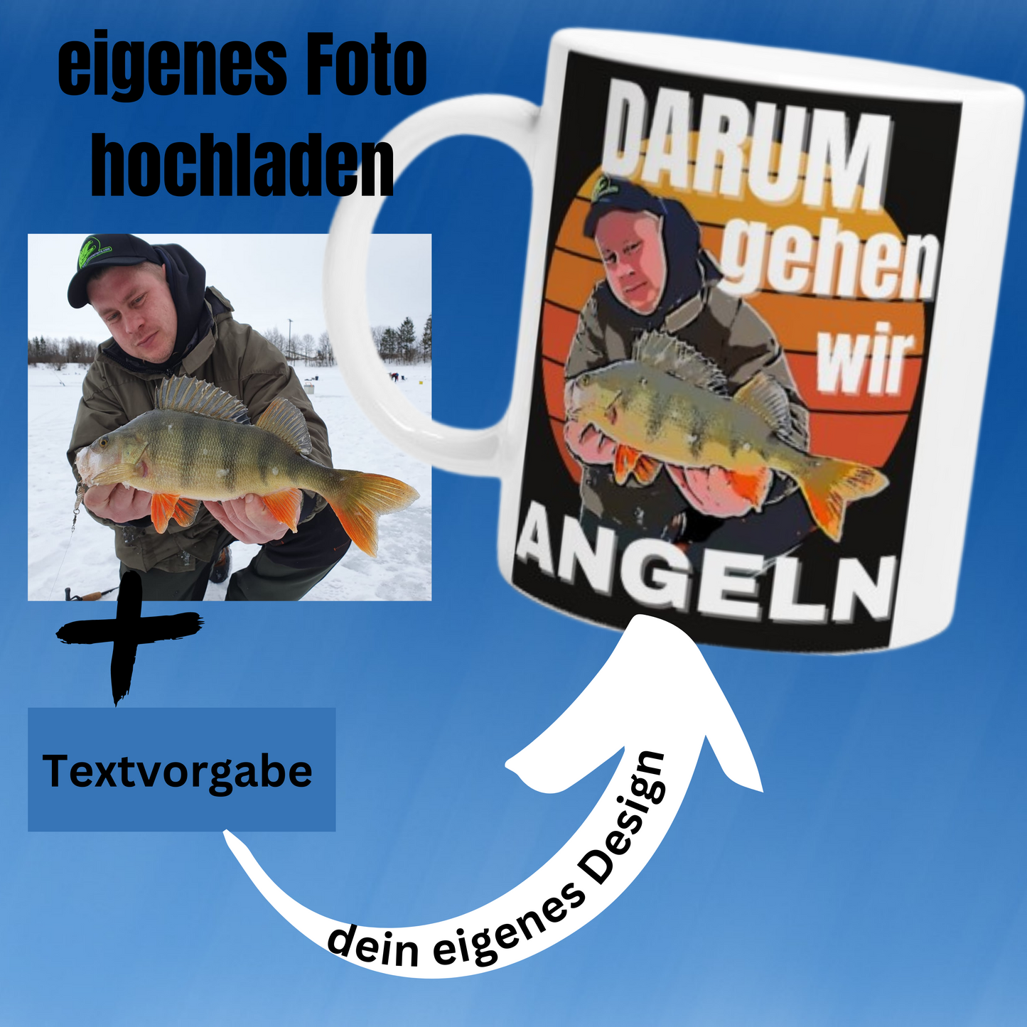 Weiße Tasse, personalisiert mit deinem Fangbild als Cartoon Design