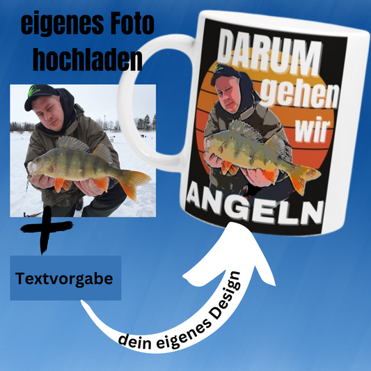Weiße Tasse, personalisiert mit deinem Fangbild als Cartoon Design